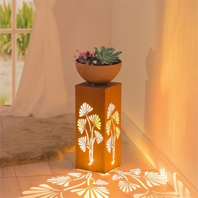 Outdoor Rust Metal Decorative Column Solar Light Box With Removable Plant Bowl