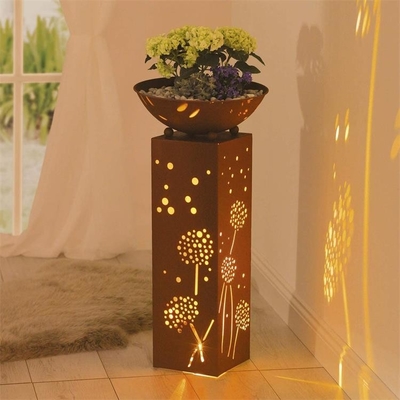 Outdoor Rust Metal Decorative Column Solar Light Box With Removable Plant Bowl