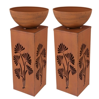 Outdoor Rust Metal Decorative Column Solar Light Box With Removable Plant Bowl