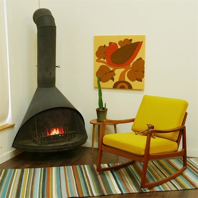 Vintage Mid Century Indoor Black Freestanding Cone Wood Burning Fireplace